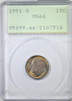 1951-S Roosevelt Dime 10C PCGS Rattler MS66 - TONED!
