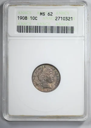 1908 Barber Dime 10C ANACS Soapbox MS62