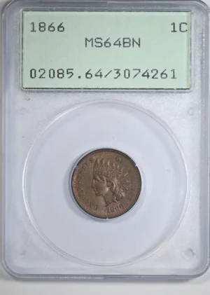 1866 Bronze Indian Head Cent 1C PCGS Rattler MS64BN
