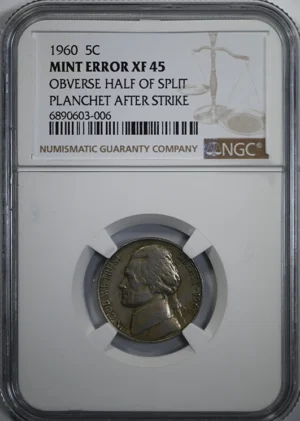 1960 Jefferson Nickel 5C NGC XF45 - Mint Error Obverse Half of Split Planchet After Strike