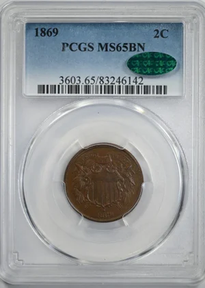 1869 Two Cent Piece 2C PCGS MS65BN CAC