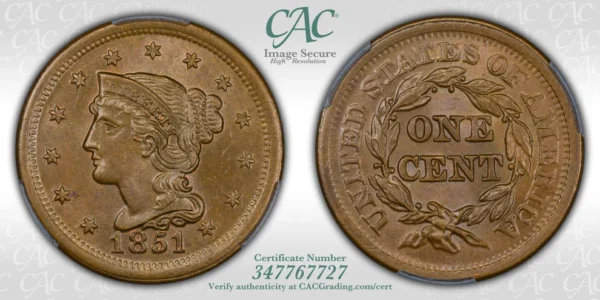 1851 Braided Hair Liberty Head Large Cent 1C CAC MS65BN - Image 5
