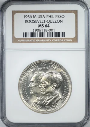 1936 M USA Philippines Peso NGC MS64 Roosevelt-Quezon