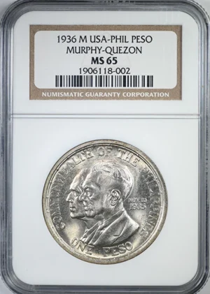 1936 M USA Philippines Peso NGC MS65 Murphy-Quezon