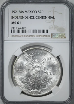 1921 Mo Mexico Silver Dos Pesos S2P NGC MS61 - Independence Centennial