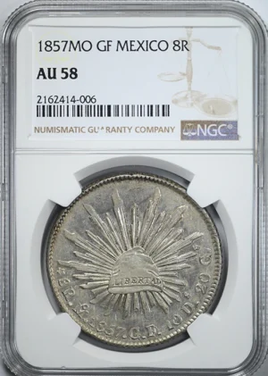 1857 MO GF Mexico 8R Reales NGC AU58