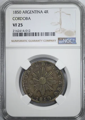 1850 Argentina 4R Reales Sun Face NGC VF25 - Cordoba
