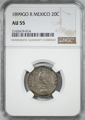 1899 GO R Mexico 20C Centavos NGC AU55
