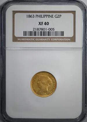 1863 Spanish Philippines Gold 2 Pesos G2P NGC XF40