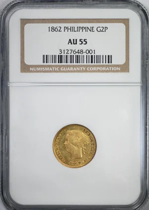 1862 Spanish Philippines Gold 2 Pesos G2P NGC AU55