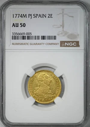 1774 M PJ Spain Gold 2E Escudos NGC AU50