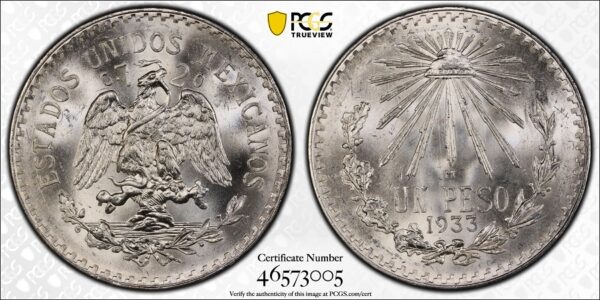 1933-M Mexico Silver Peso PCGS MS65 KM-455 - Image 3