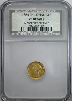 1864 Spanish Philippines Gold Peso G1P NGC NCS VF Details