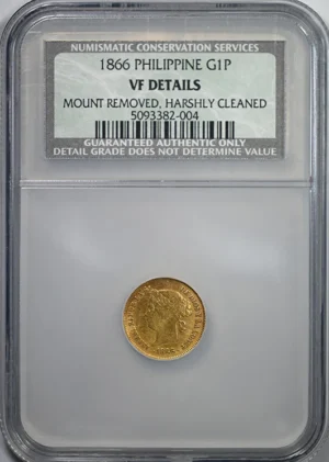 1866 Spanish Philippines Gold Peso G1P NGC NCS VF Details