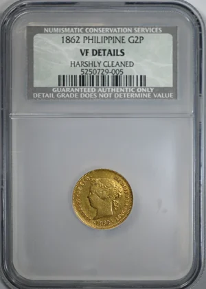 1862 Spanish Philippines Gold 2 Pesos G2P NGC NCS VF Details