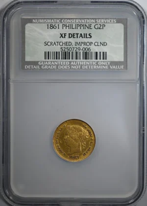1861 Spanish Philippines Gold 2 Pesos G2P NGC NCS XF Details