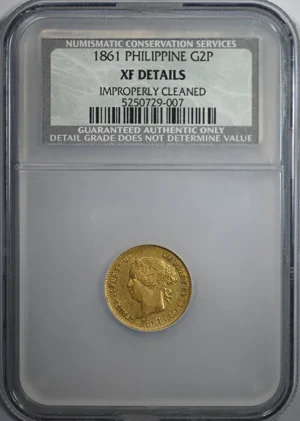 1861 Spanish Philippines Gold 2 Pesos G2P NGC NCS XF Details