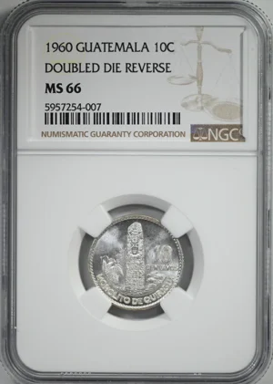 1960 Doubled Die Reverse Guatemala 10C Centavos NGC MS66