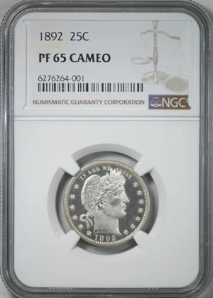 1892 Proof Barber Quarter 25C NGC PF65 CAMEO