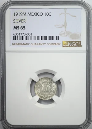 1919 M Mexico Silver 10C Centavos NGC MS65