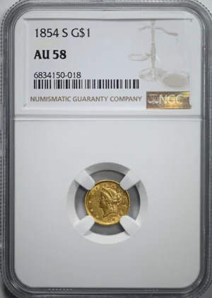 1854-S Type 1 Liberty Head Gold Dollar G$1 NGC AU58