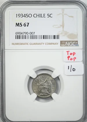 1934 SO Chile 5C Centavos NGC MS67 - TOP POP!