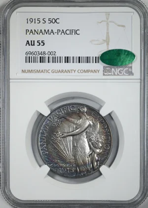 1915-S Panama Pacific Classic Commemorative Half Dollar 50C NGC AU55 CAC - TONED!