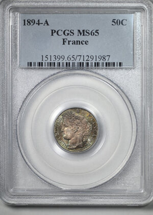 1894-A France Silver 50C Centimes PCGS MS65 - TONED!