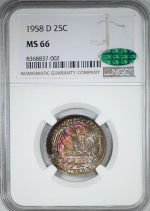 1958-D Washington Quarter 25C NGC MS67 CAC - RAINBOW TONED!