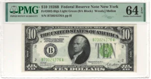 $10 1928B Federal Reserve Note New York PMG Choice Uncirculated 64 EPQ Fr#2002-Blgs