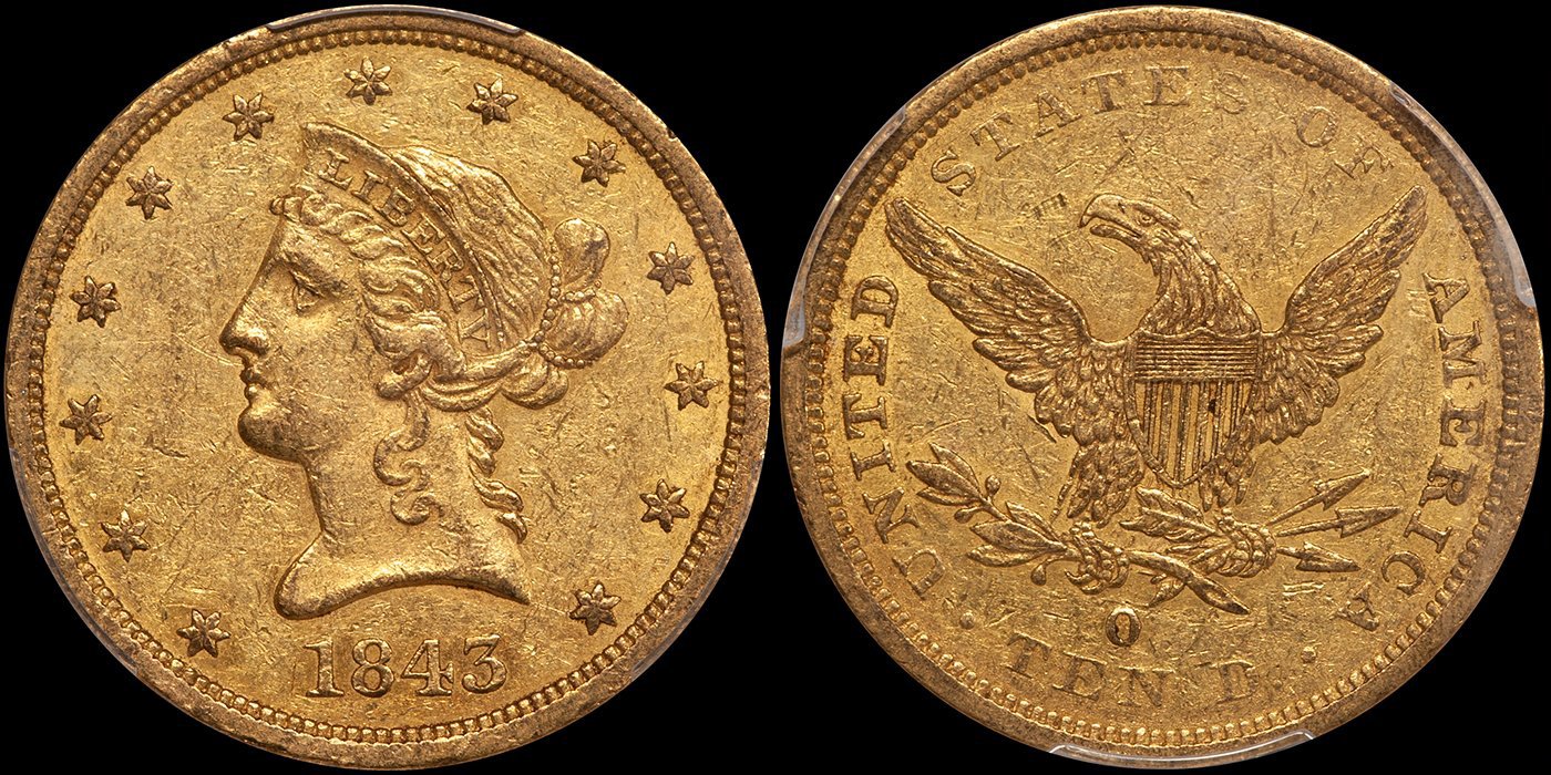 Eagle. 1843-O New Orleans $10 gold coin. PCGS AU55. Ex Fairmont Colleciton.