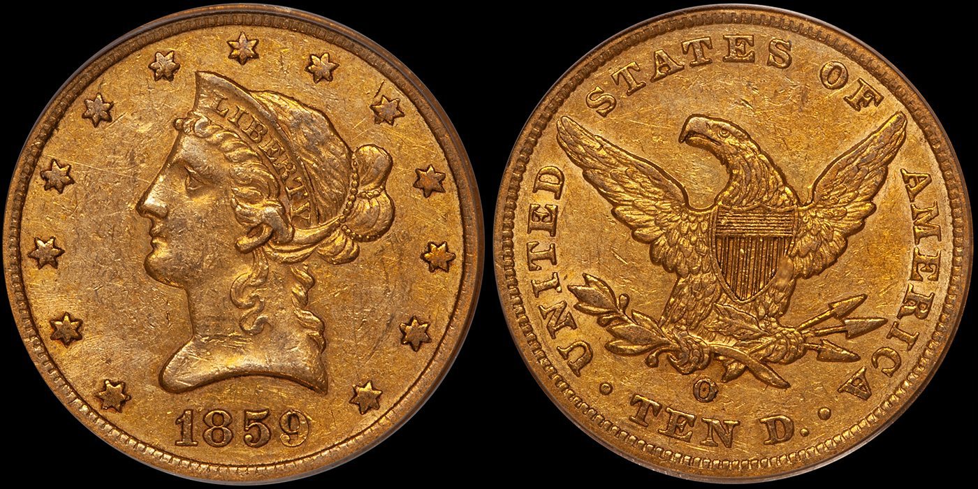 Eagle. 1859-O New Orleans $10 gold coin. PCGS AU58 CAC, Old Green Holder